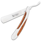 The handsome razor has an extended tang stainless steel blade with mirror finish and a 2 3/4” keenly sharp edge