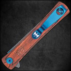 Open slim pocket knife with bloodwood handle engraved with japanese symbols, metallic blue accents, and a grey upswept blade with a raised raindrop pattern.
