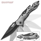 Rampage Grey Atomica Assisted Opening Pocket Knife - Stainless Steel Blade, Aluminum Handle, Bottle Opener, Pocket Clip - Closed 4 3/4”