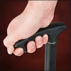 Black sword cane pulled from case showing peek of 2Cr13 stainless steel blade attached to nylon handle
