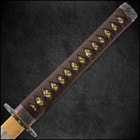 Wellspring Brown Damascus Tachi handle close up