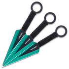 Each of the three kunai knives is 6 3/8” overall with a 3 5/8” spear point blade and a nylon cord-wrapped handle
