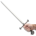 Top view of pewter look metal alloy hilt and pommel on a middle ages warrior stainless steel short sword
