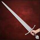Angled view of the Double Fuller Sword’s brown leather wrapped grip and circular pommel.