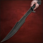 It has a full-tang, 16 1/2” black 7Cr13 stainless steel blade, which features a blood groove and weight-reducing thru-holes in the spine