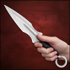 The handles are wrapped in black, waxed cotton cord for a comfortable, no-slip grip and each features an open-ring pommel