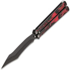 Crimson Dragon Butterfly Knife - Stainless Steel Blade, Black Non-Reflective Finish, Raised Artwork, Latch Lock - Length 9 1/4”