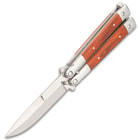 Classic Wooden Butterfly Knife - Stainless Steel Blade, Wooden Handle, Stainless Bolsters, Latch Lock, Double Flippers - Length 7 3/4”