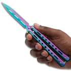 Rainbow Titanium Butterfly Knife Vortex in hand