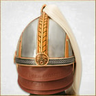 The side view of the helm with faux horse hair