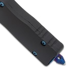 Close up angled image of Blue Automatic OTF Knife handle and glass breaker.