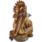 Native American Chief With Peace Pipe Sculpture - Crafted Of Polyresin, Hand-Painted, Exceptional Detail - Dimensions 7 3/4”x 3 3/4”x 5 1/4”