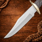 Close-up of knife blade with sharp edge on wood background