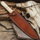 Knife in leather sheath on rocks with skull and rope