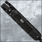  M48 combat machete with a black TPU handle, titanium electroplated finish, and partial sawback spine.
