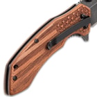 American Flag Pocket Knife - Stonewashed Black Stainless Steel Blade, Engraved Wooden Handle Scales, Pocket Clip