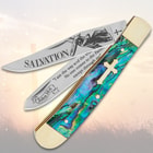 Pocket knife with abalone handle, cross inset, and open etched blades