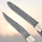 Abalone Christian Faux Damascus Knife blades close up
