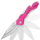 Rampage Pink Atomica Assisted Opening Pocket Knife - Stainless Steel Blade, Aluminum Handle, Bottle Opener, Pocket Clip - Closed 4 3/4”