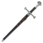 Multiple angles of the 22 1/2 inch long warrior short broadsword features including cross shaped handle, pewter pommel, sharp double edged stainless steel blade and black sheath wrapped in a leather b