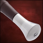Zoomed view of hefty polished pommel attached to wooden handle wrapped with brown leather
