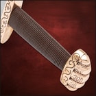 The Honshu Ballinderry Viking Sword shown against a tree with view of the brass pommel and guard and brown leather wrapped handle.