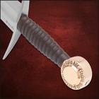 Full view of the Honshu Oakeshott Sword, with its 1065 carbon steel blade, brown textured handle, and brass colored circular pommel.