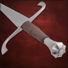 Full view of the Honshu Historic Forget German Long Sword with 1065 carbon steel blade, black leather wrapped grip, and decorative guard.