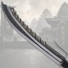 Close-up of sword blade with nine rings and mountain backdrop