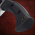 It has a full-tang, 16 1/2” Damascus steel blade, which features a blood groove and weight-reducing thru-holes in the spine