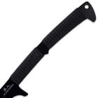 The handle is wrapped Samurai style in faux black rayskin and black nylon cord and it has a lanyard hole in the pommel