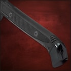 Close view of red and black damascus steel blade extended from a sleek black handguard
