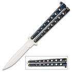 Blue Speed Demon Butterfly Knife - Stainless Steel Blade, Skeletonized Steel Handle, Brass Pins, Latch Lock, Double Flippers - Length 9”