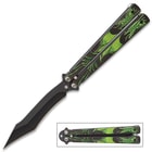 Poison Dragon Butterfly Knife - Stainless Steel Blade, Black Non-Reflective Finish, Raised Artwork, Latch Lock - Length 9 1/4”