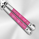 Close-up of pink marble handles on a butterfly knife