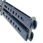 Butterfly Knife Vortex Blue handle close up