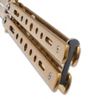 Butterfly Knife Vortex Gold handle close up