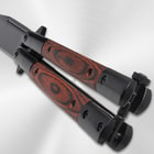 Wood Handle Black Butterfly Pocket Knife handle close up