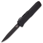 
Black pocket knife with carbon coated blade and black aluminum handle.


