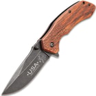 American Flag Pocket Knife - Stonewashed Black Stainless Steel Blade, Engraved Wooden Handle Scales, Pocket Clip