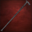 Black sword cane detached from its fiberglass casing showing the sharp stainless blade and piercing tip
