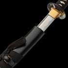 The 41 7/10” overall katana slides smoothly into a matte black, wooden scabbard with a black cord-wrap accent