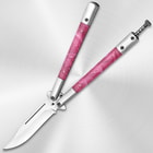 Open butterfly knife with pink marble handles on a metallic background