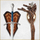 Close up image of Gandalf's Staff Moria and the Glamdring Sword hanging on the included wall plaque.