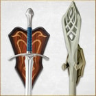 Close up image of the Glamdring Sword and the Staff of Gandalf the White hanging on the included wall plaque.