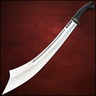 Honshu stainless steel sword held by the handle in downward angle to showcase the sharp carbon steel blade
