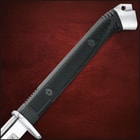 Close view of Honshu Boshin Katana with black TPR handle with silver pommel showcasing a lanyard hole
