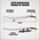 Graphic of Lord of the Rings Arwen Evenstar holding Hadhafang stainless steel sword on top of white horse
