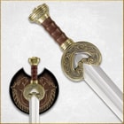 Close up image of King Theoden's Sword handle and pommel and the sword hanging on the wooden plaque.