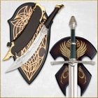 Full image of the Elven Knife of Strider with the scabbard and wall plaque and Strider's Sword hanging on the wall plaque that's included in the Strider Collection.